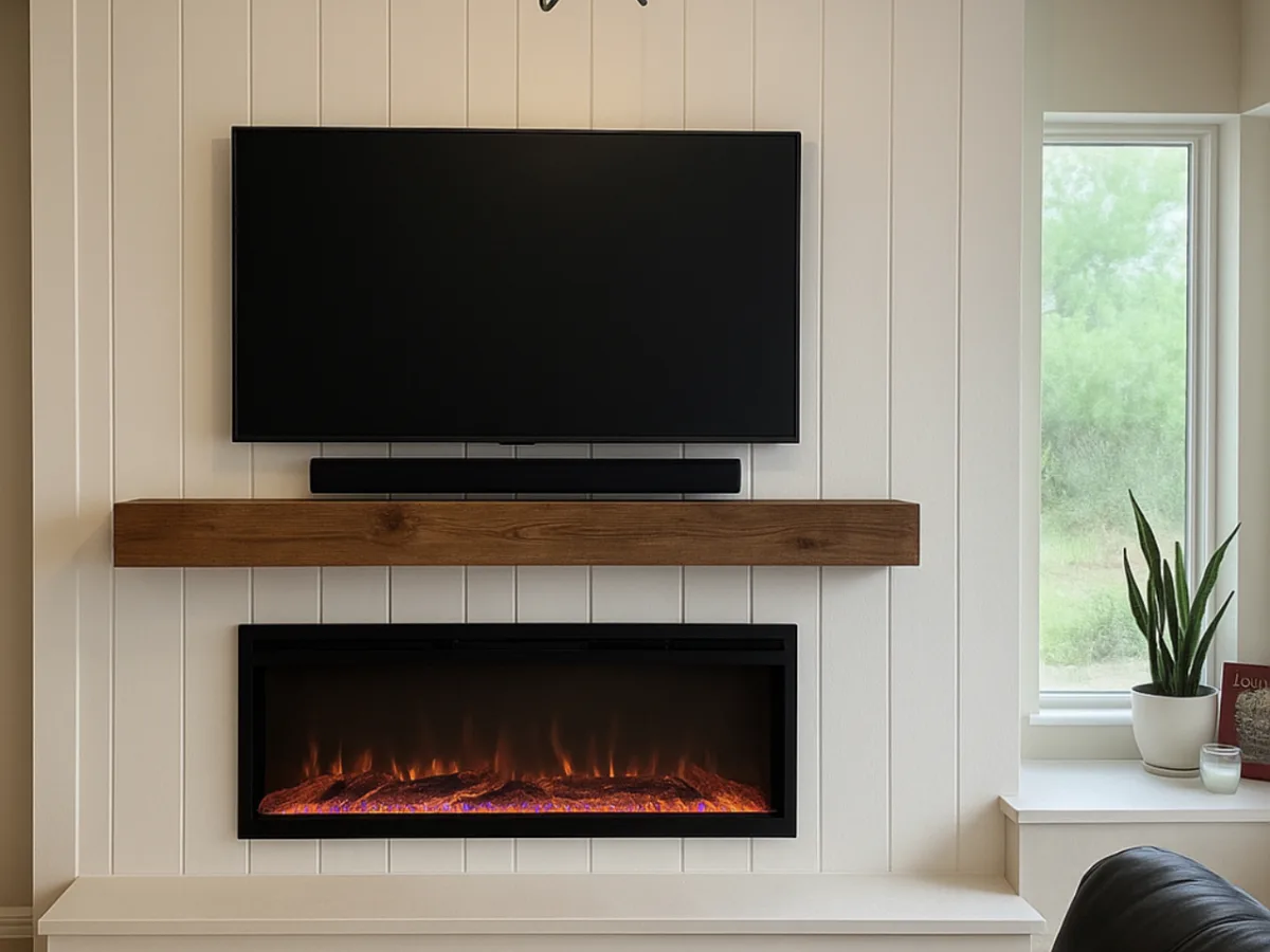 The client&rsquo;s inspiration image: white vertical shiplap fireplace wall with TV, wood mantel and linear electric fireplace