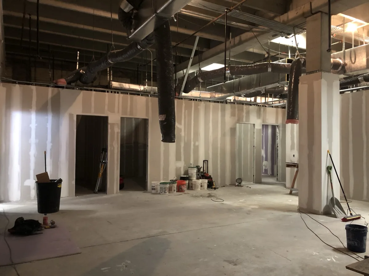Drywall: new office walls hung, taped and mudded